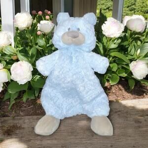 Demdaco Lovey Plush Bear Blake Rattle Security Blanket Textured Nursery Blue 13"